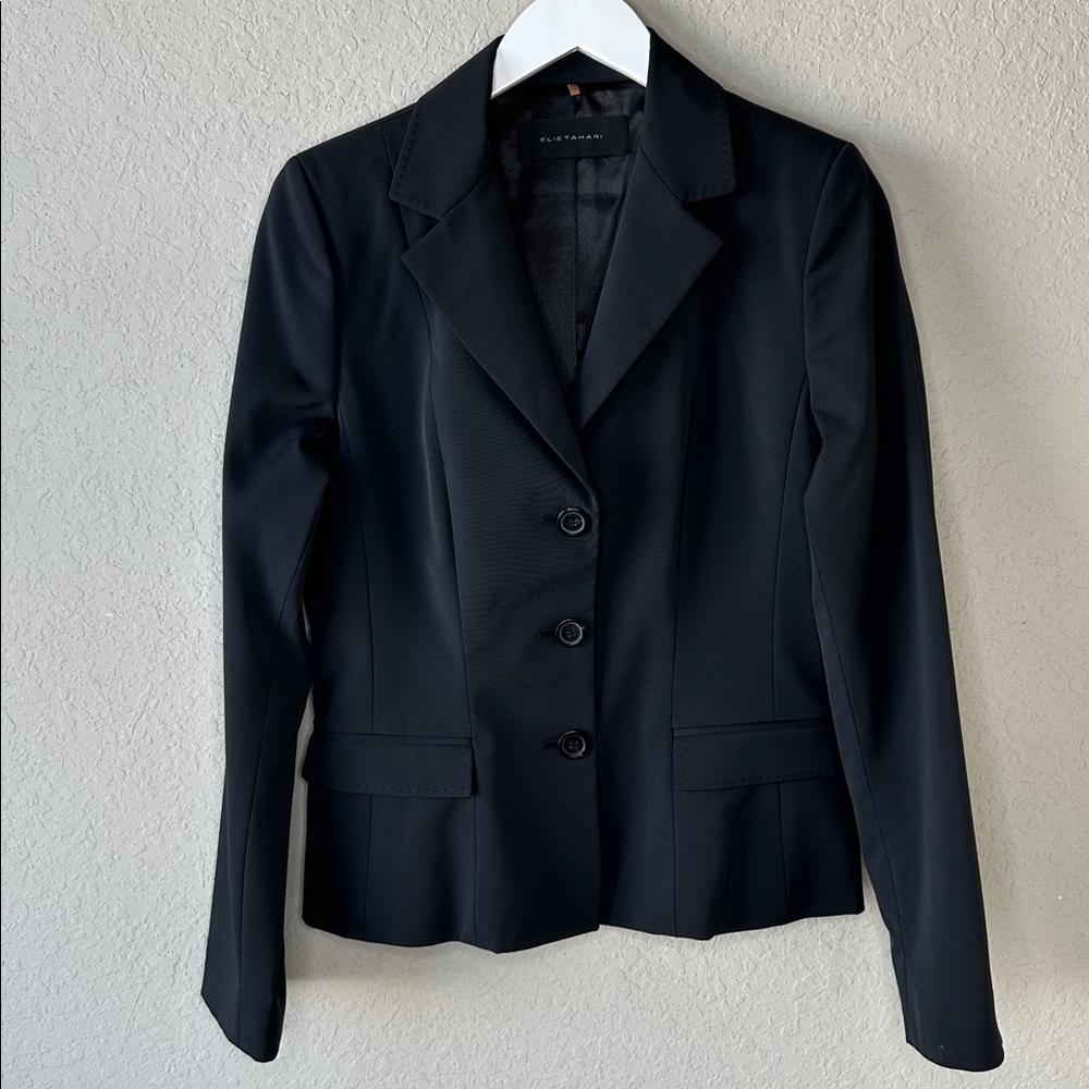 Elie Tahari Women's‎ 3 Button Blazer Size 12 Black Top Stitched Pockets Lined